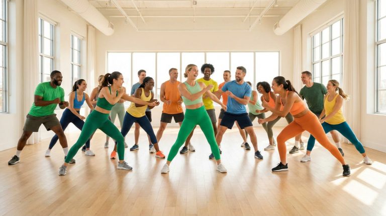 Un groupe diversifié de personnes souriantes faisant du fitness ensemble dans une salle lumineuse et spacieuse.