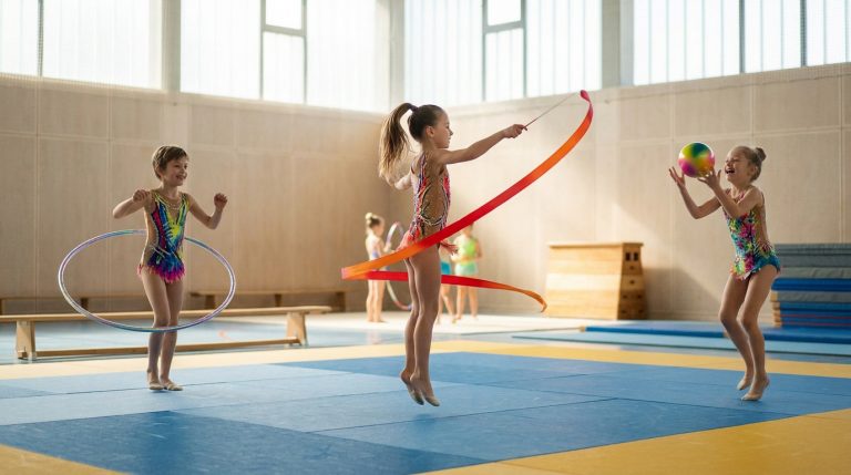 Jeunes gymnastes s'entraînant avec un cerceau, un ruban et un ballon dans un gymnase lumineux.