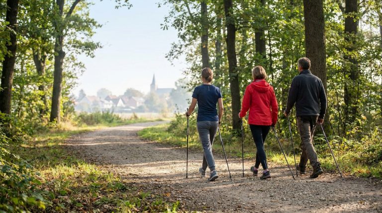 Trois personnes pratiquent la marche nordique sur un chemin forestier avec un village en arrière-plan.